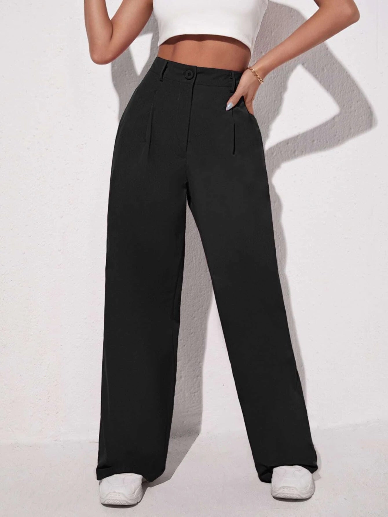 CM-BS232704 Women Elegant Seoul Style Solid Slant Pocket Wide Leg Pants - Black