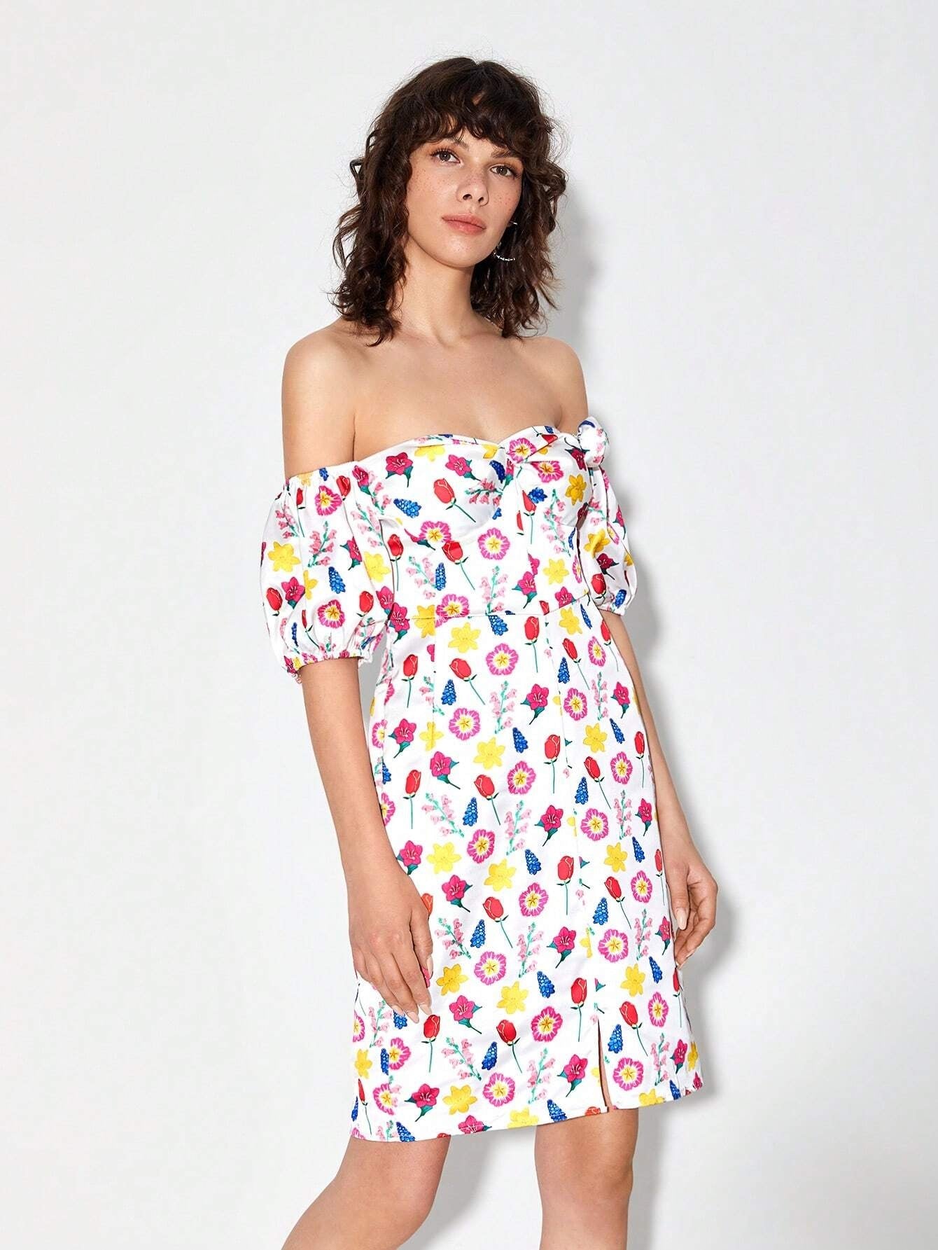 CM-DS881612 Women Casual Seoul Style Off Shoulder Allover Print Ruched Bust Dress
