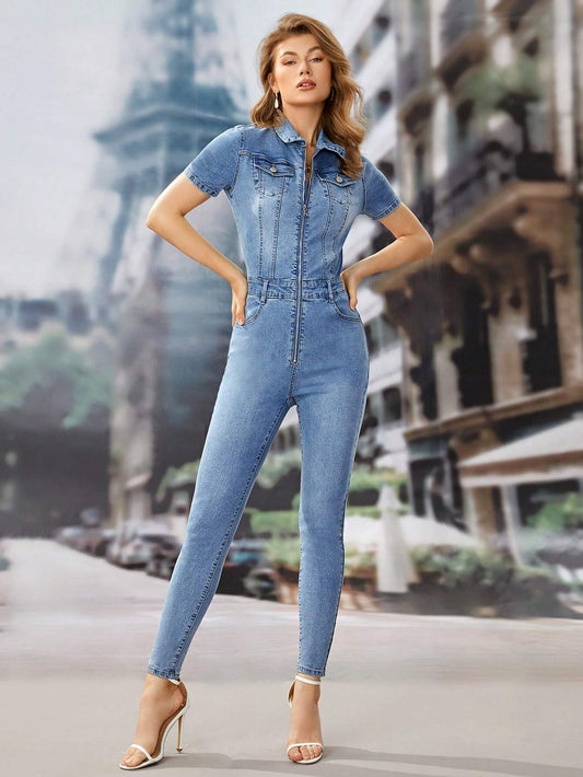 CM-JS221159 Women Preppy Seoul Style Light Wash Flap Pocket Zip Front Denim Jumpsuit