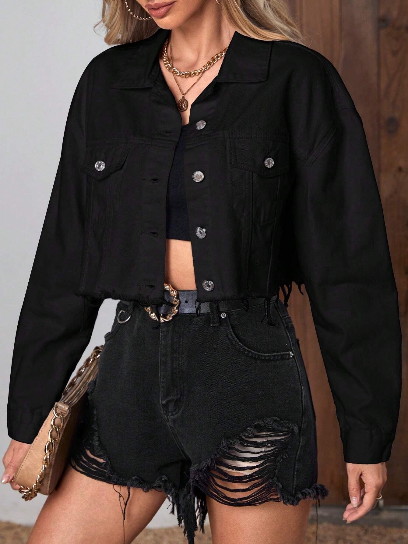 CM-CS501505 Women Casual Seoul Style Flap Pocket Raw Hem Denim Jacket - Black