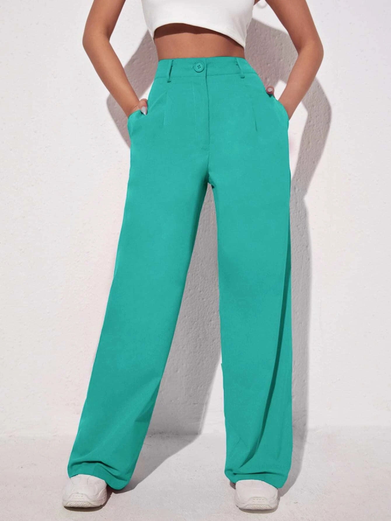CM-BS437830 Women Elegant Seoul Style Solid Slant Pocket Wide Leg Pants - Mint Blue