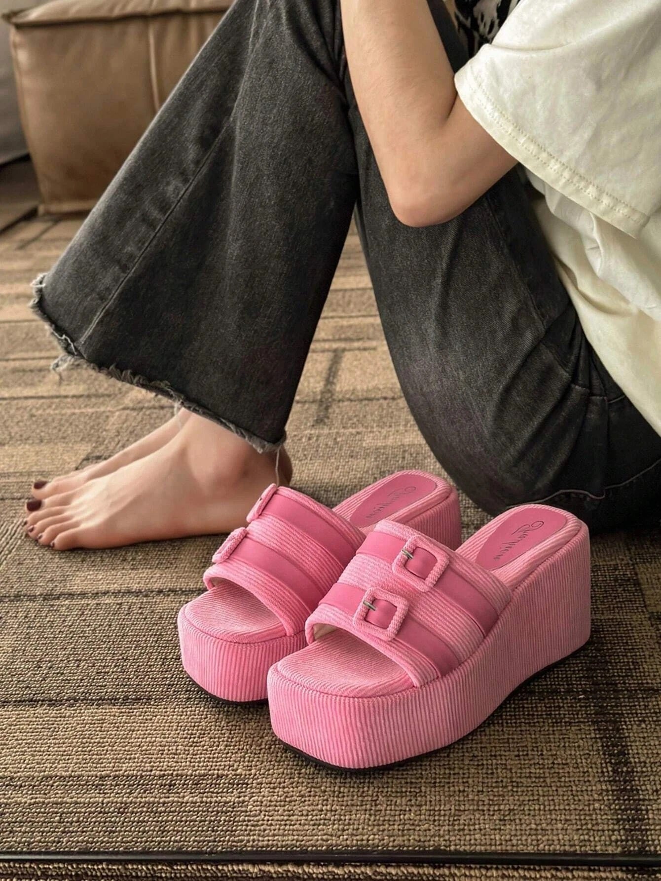 CM-SHS048522 Women Trendy Seoul Style Buckle Decor Faux Suede Wedge Slide Sandals - Pink