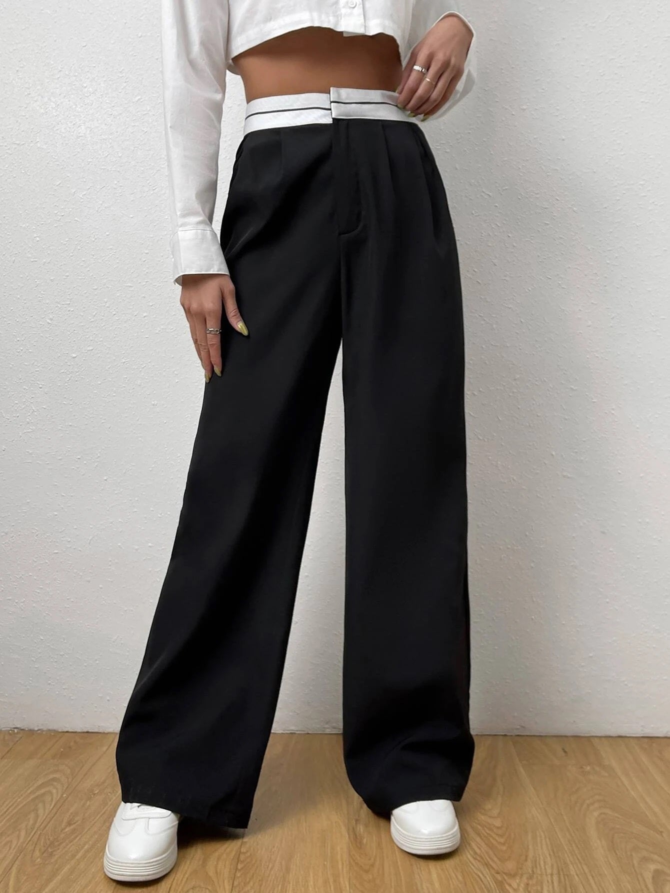 CM-BS783068 Women Casual Seoul Style Striped Waistband Wide Leg Pants - Black