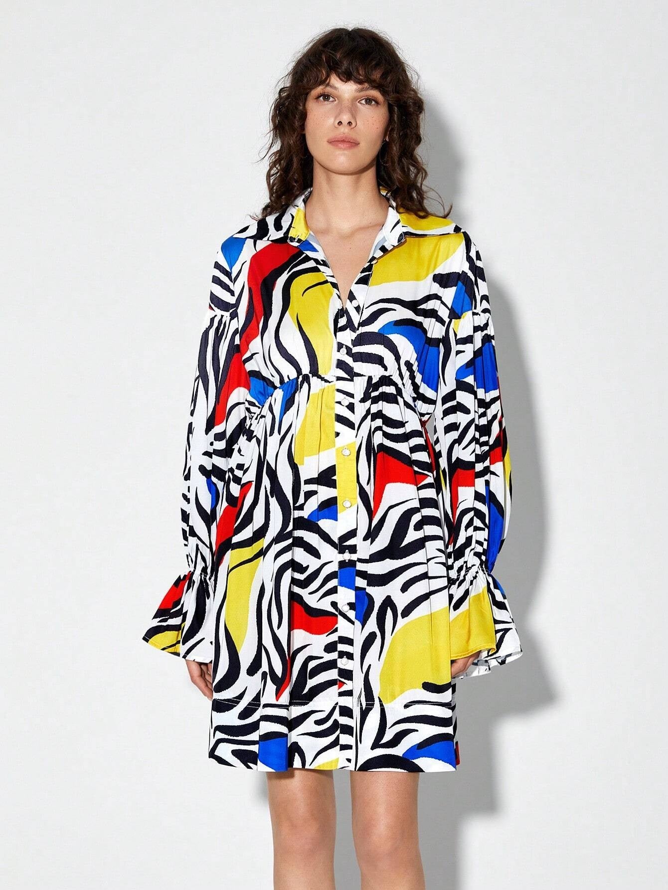 CM-DS929056 Women Casual Seoul Style Allover Print Flounce Sleeve Shirt Dress