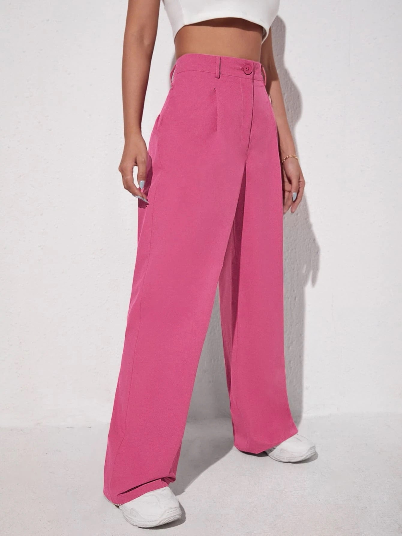 CM-BS247347 Women Elegant Seoul Style Solid Slant Pocket Wide Leg Pants - Pink