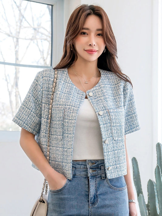 CM-CS998172 Women Elegant Seoul Style Plaid Dual Pocket Tweed Overcoat - Blue