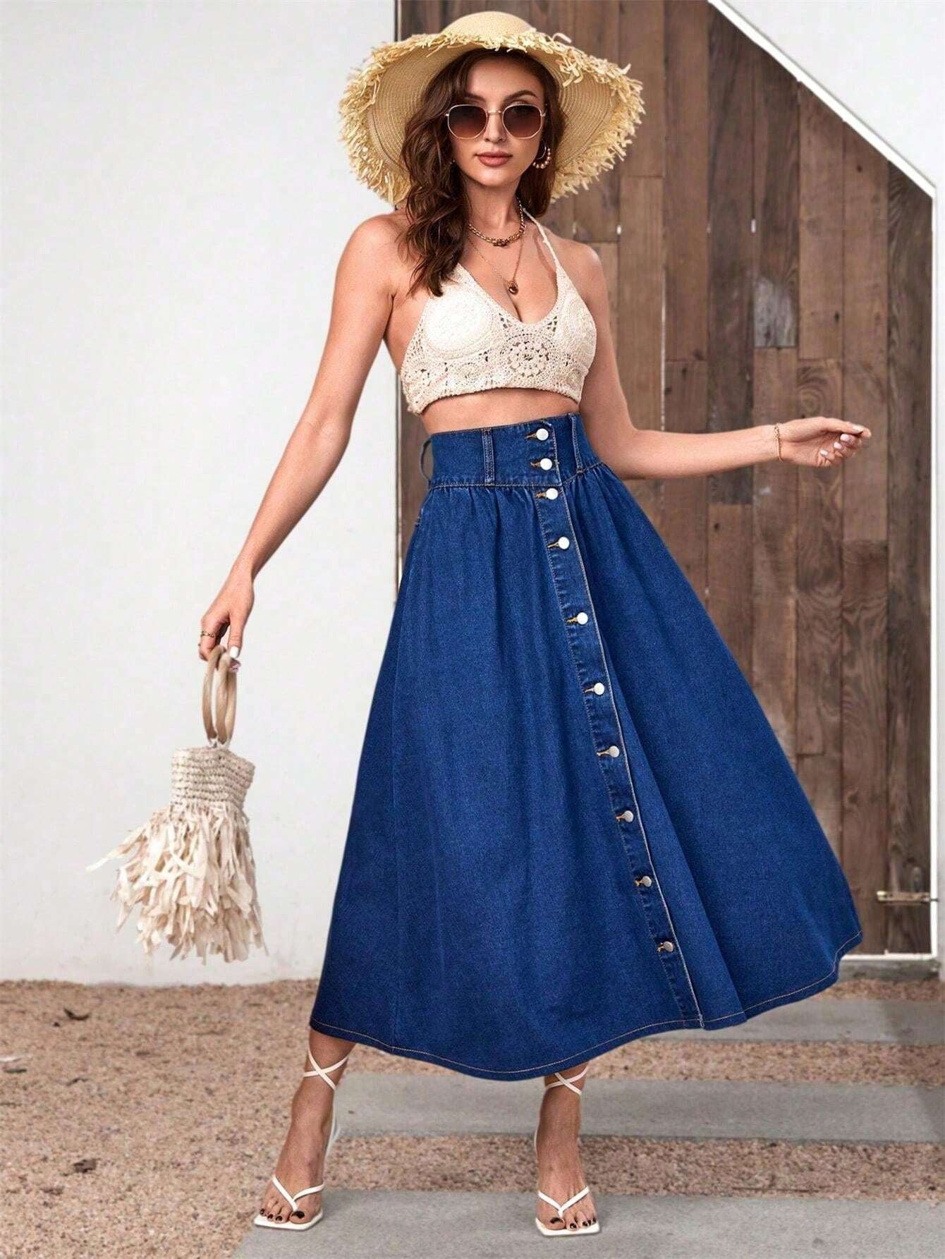 CM-BS756860 Women Casual Seoul Style Dark Wash High Waist Button Front Denim Skirt