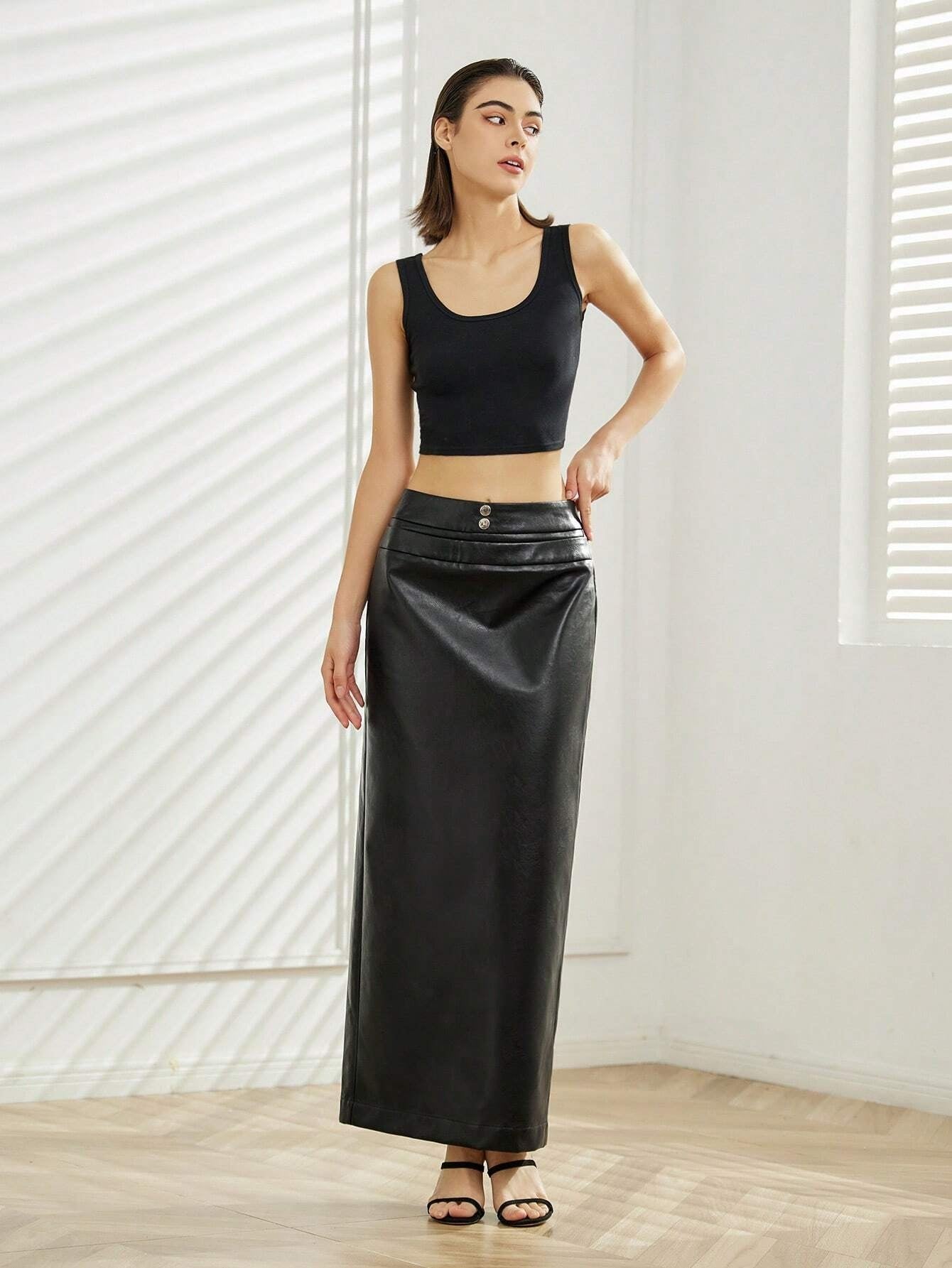 CM-BS351464 Women Casual Seoul Style PU Leather Straight Skirt - Black