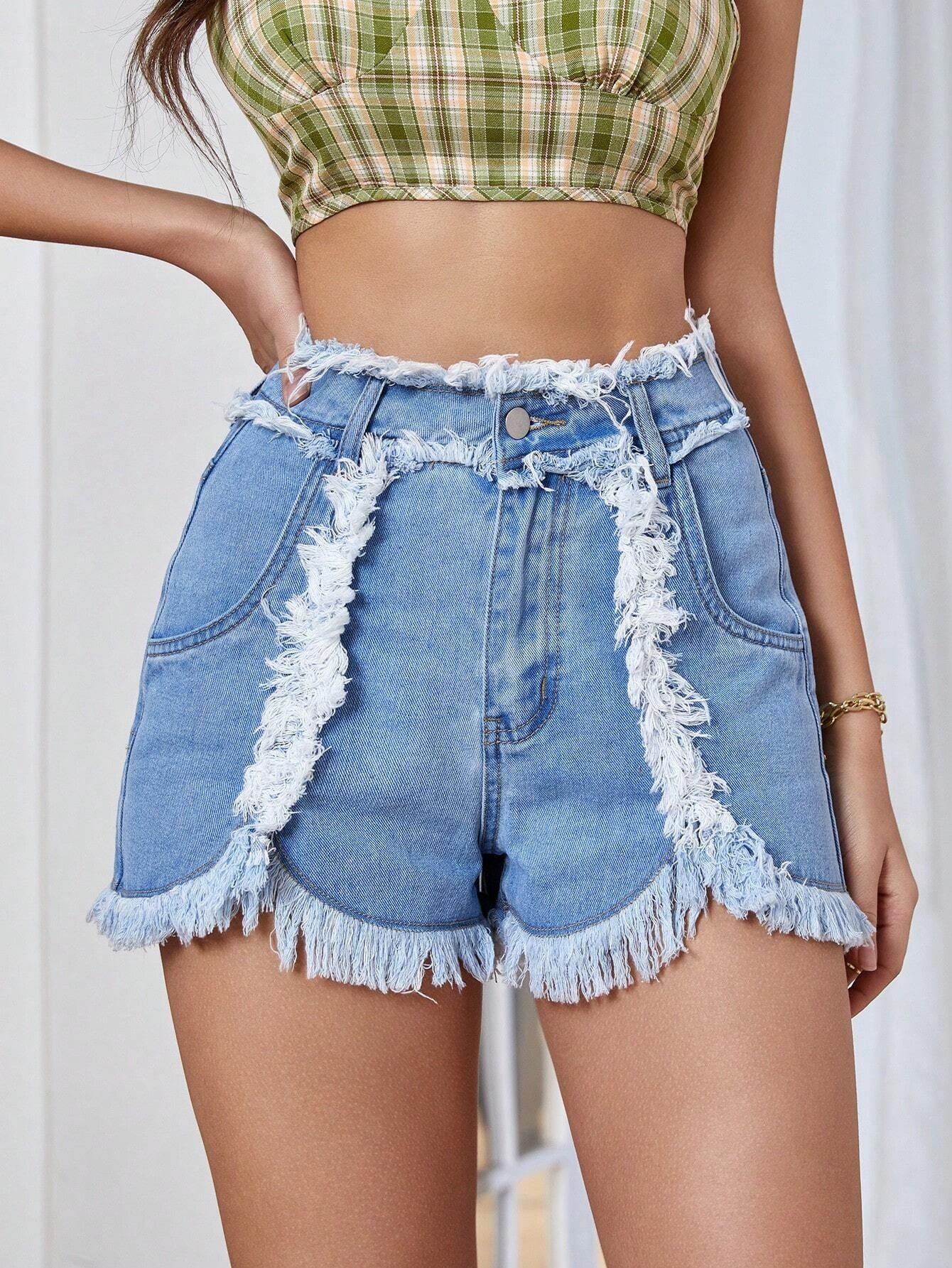 CM-BS522020 Women Preppy Seoul Style Light Wash High Waist Raw Trim Denim Shorts
