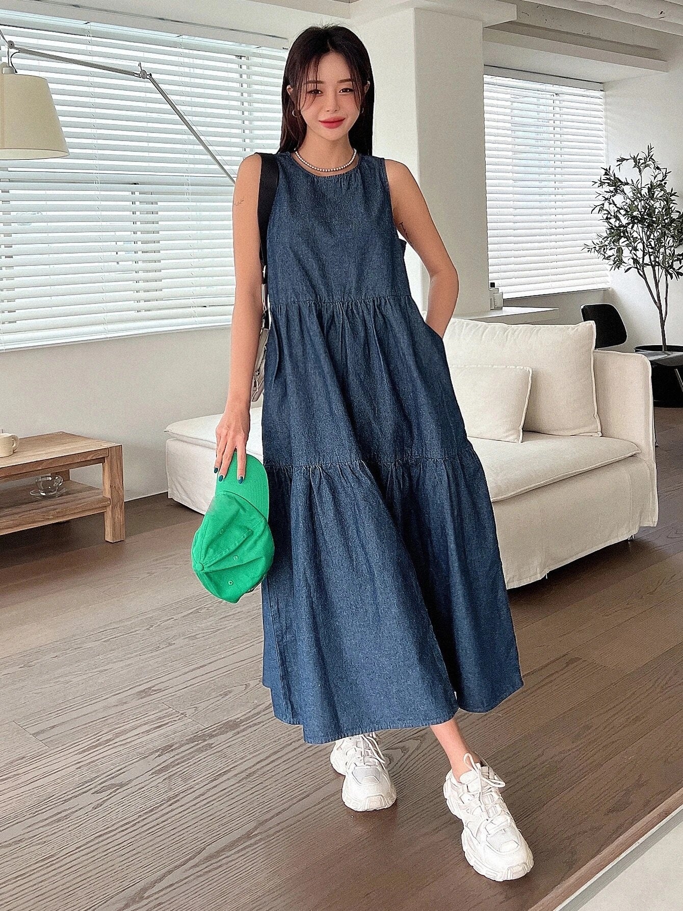 CM-DS222286 Women Casual Seoul Style Dark Wash Ruffle Hem Denim Smock Dress