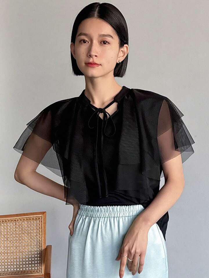 CM-TS736396 Women Casual Seoul Style Tie Neck Mesh Patchwork Short Sleeve Shirt - Black