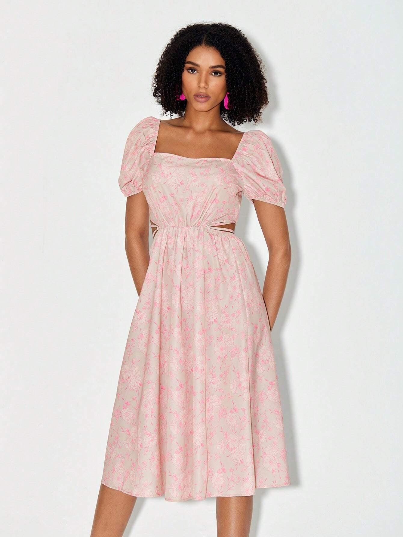 CM-DS217040 Women Casual Seoul Style Floral Print Cut Out Waist Puff Sleeve Tie Backless Dress