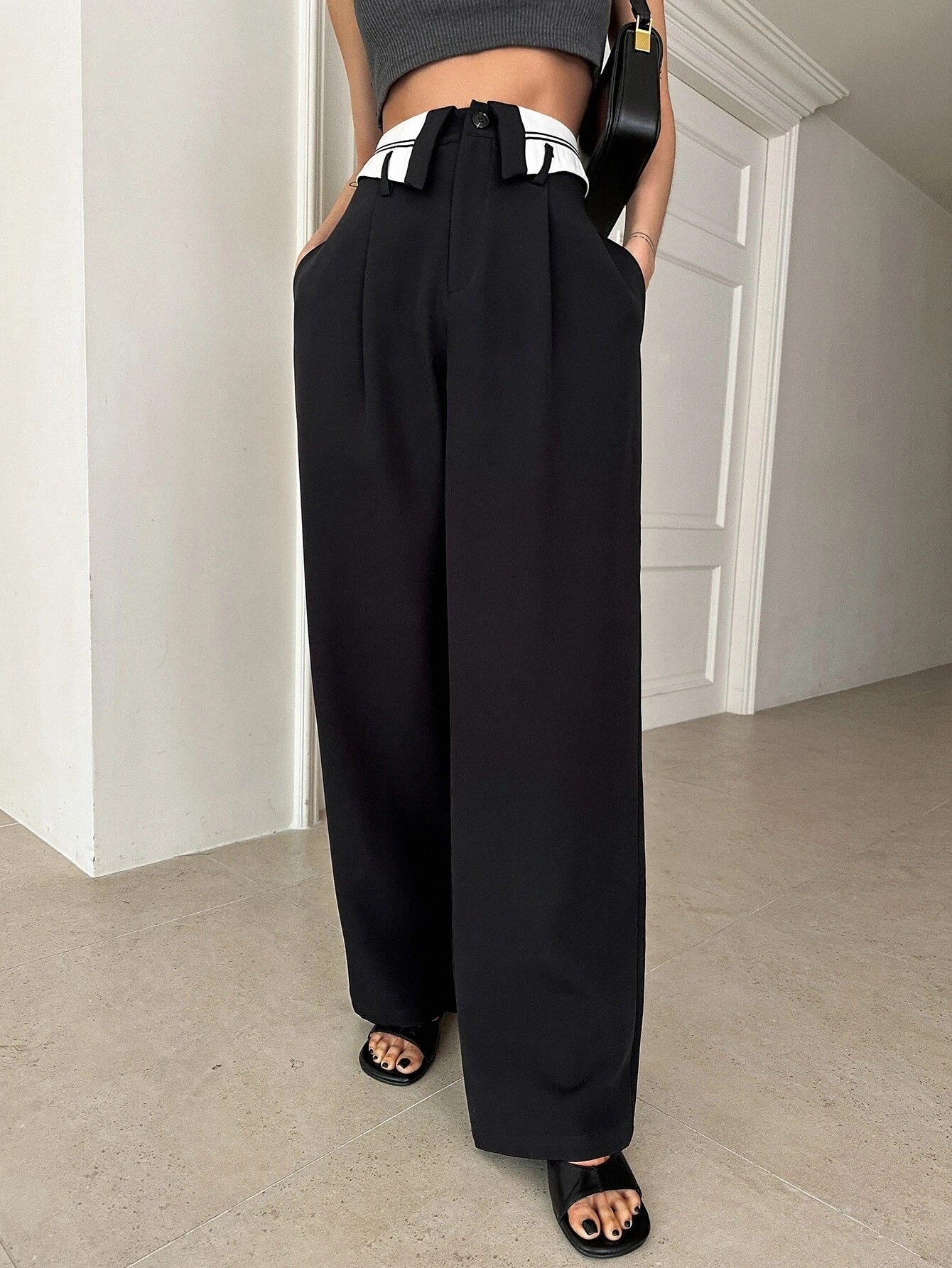 CM-BS225123 Women Casual Seoul Style High Waist Wide Leg Suit Pants - Black