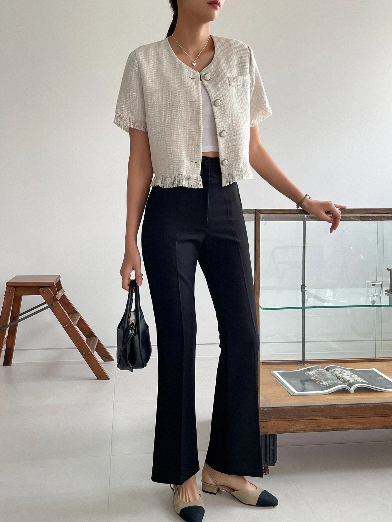 CM-TS168400 Women Casual Seoul Style Solid Button Front Raw Hem Crop Blouse - Apricot