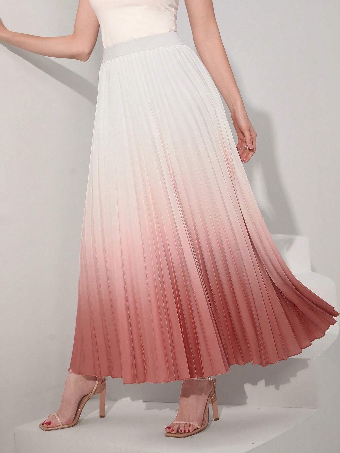 CM-BS181281 Women Elegant Seoul Style Ombre Pleated Skirt - Pink