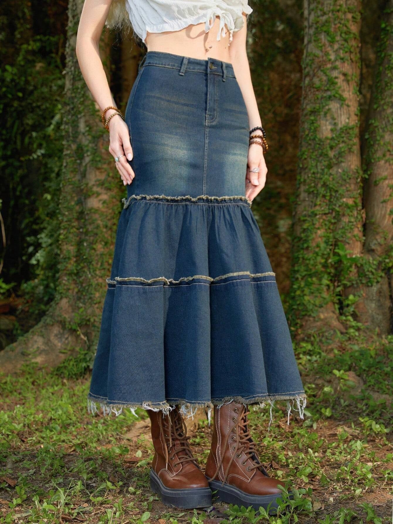 CM-BS159792 Women Casual Seoul Style Dark Wash Raw Hem Denim Skirt