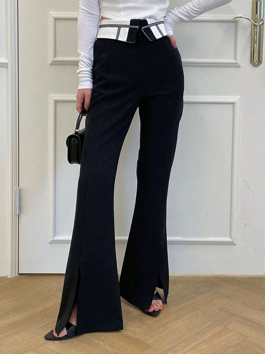 CM-BS204194 Women Elegant Seoul Style Contrast Waist Split Hem Flare Leg Pants - Black