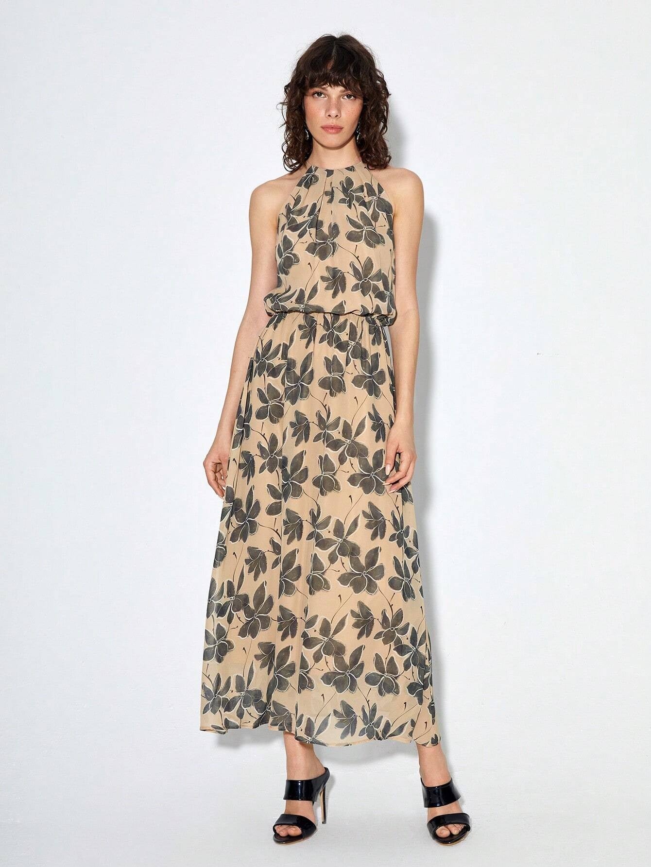 CM-DS760770 Trendy Bohemian Style Sleeveless Floral Print Halter Neck Dress