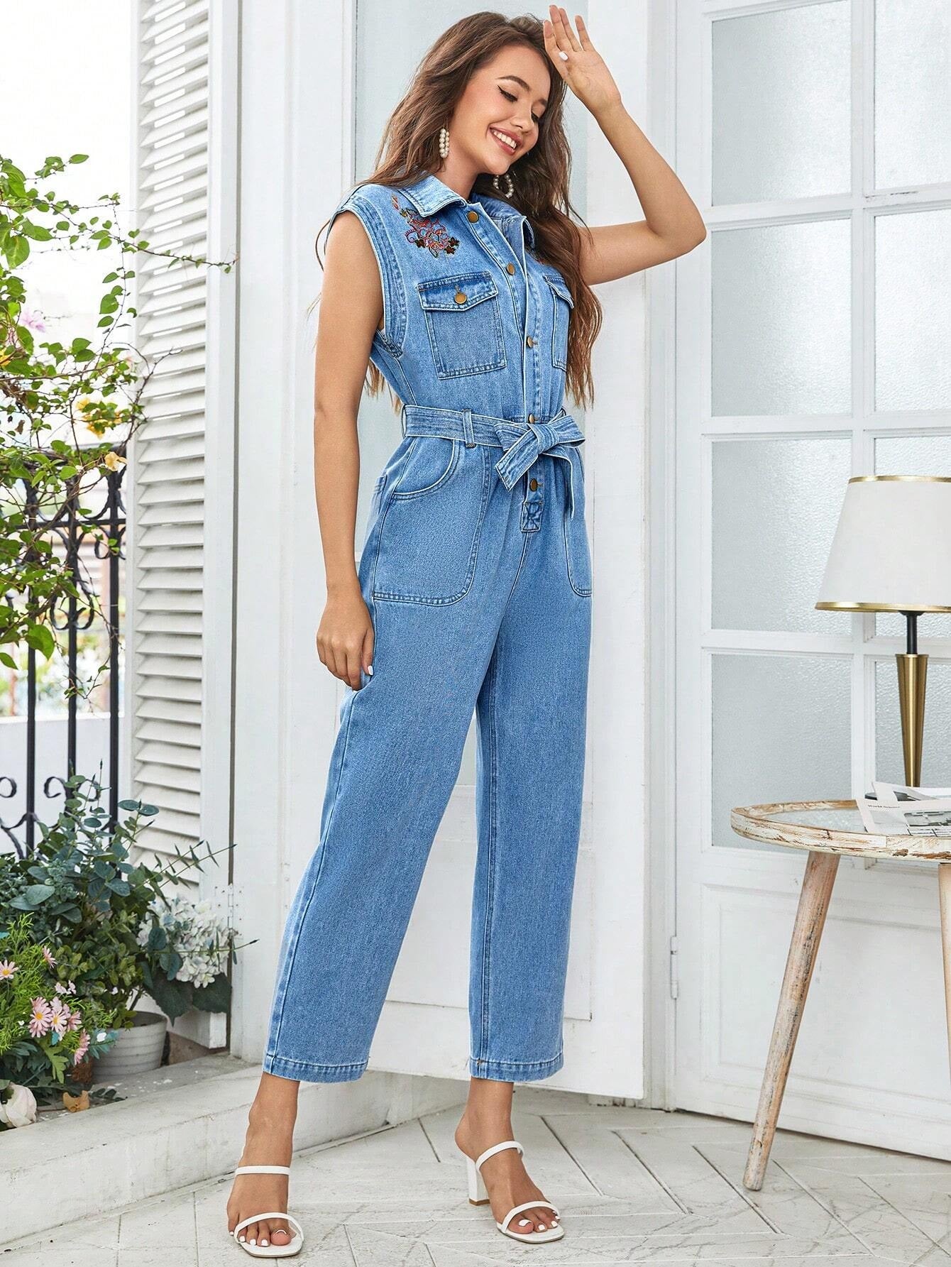 CM-JS900820 Women Preppy Seoul Style Sleeveless Flap Pocket Belted Denim Jumpsuit