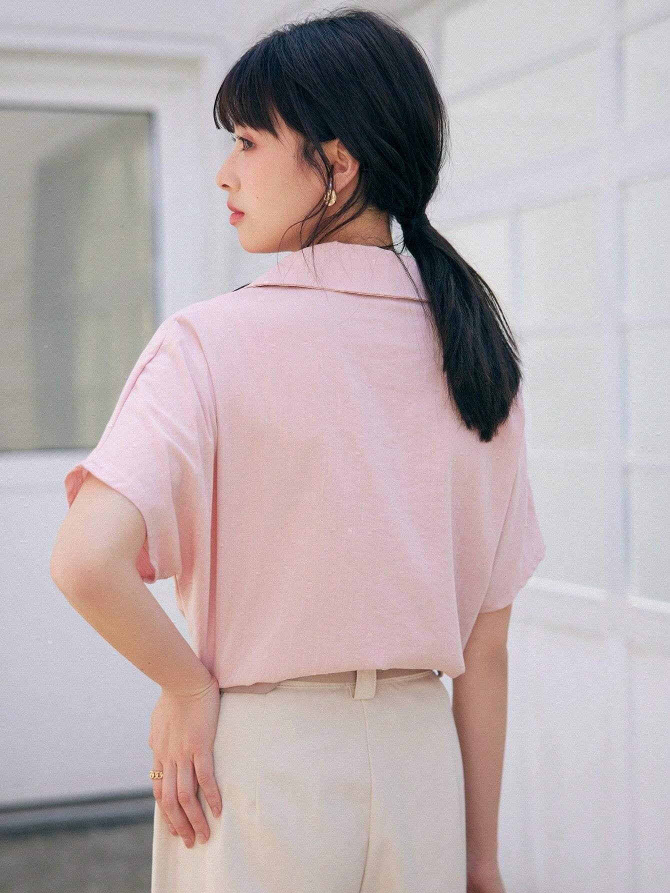 CM-TS808394 Women Casual Seoul Style Flap Pocket Batwing Sleeve Shirt - Baby Pink