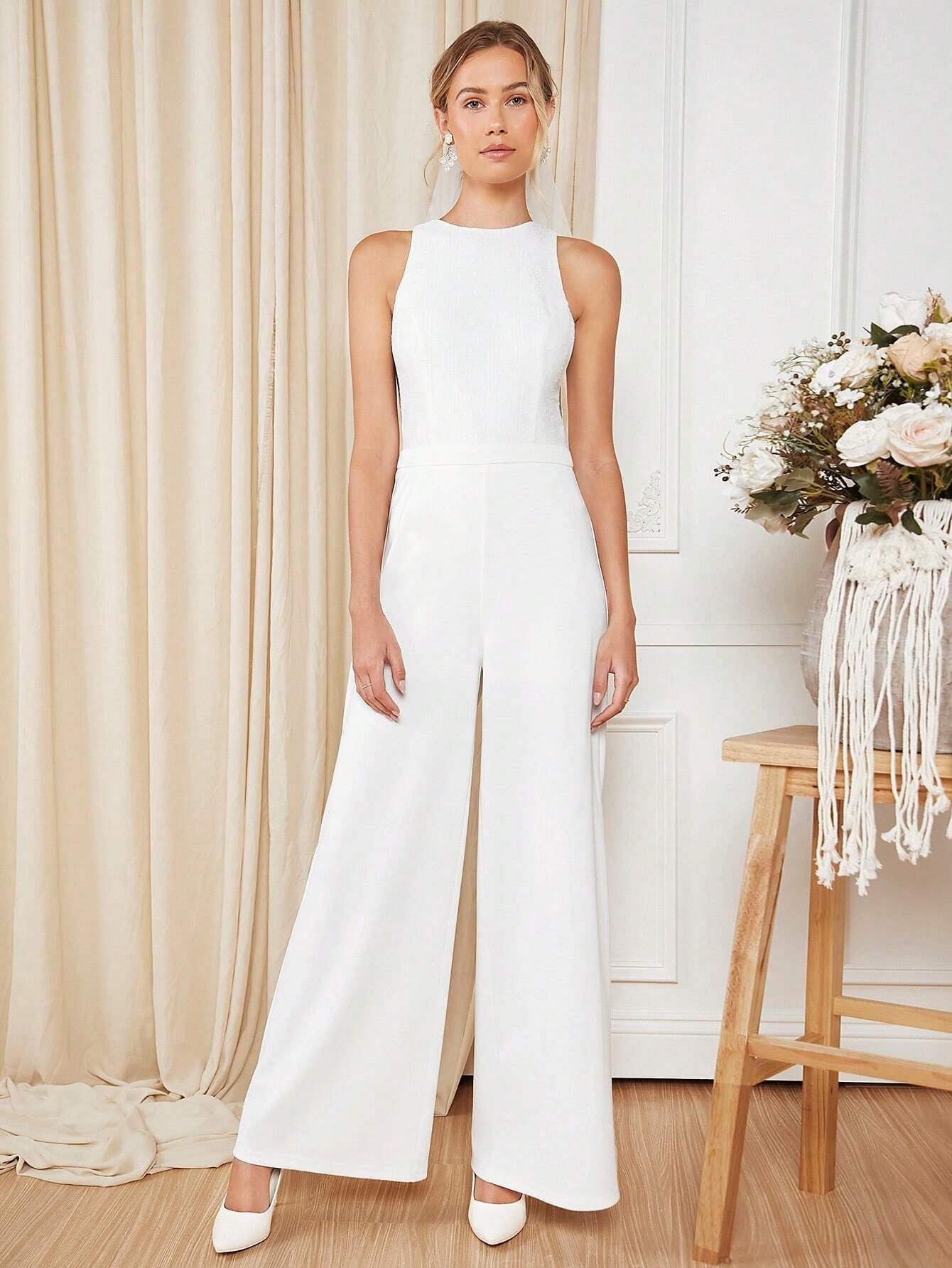CM-JS889597 Women Elegant Seoul Style Round Neck Sleeveless Solid Wide Leg Jumpsuit - White