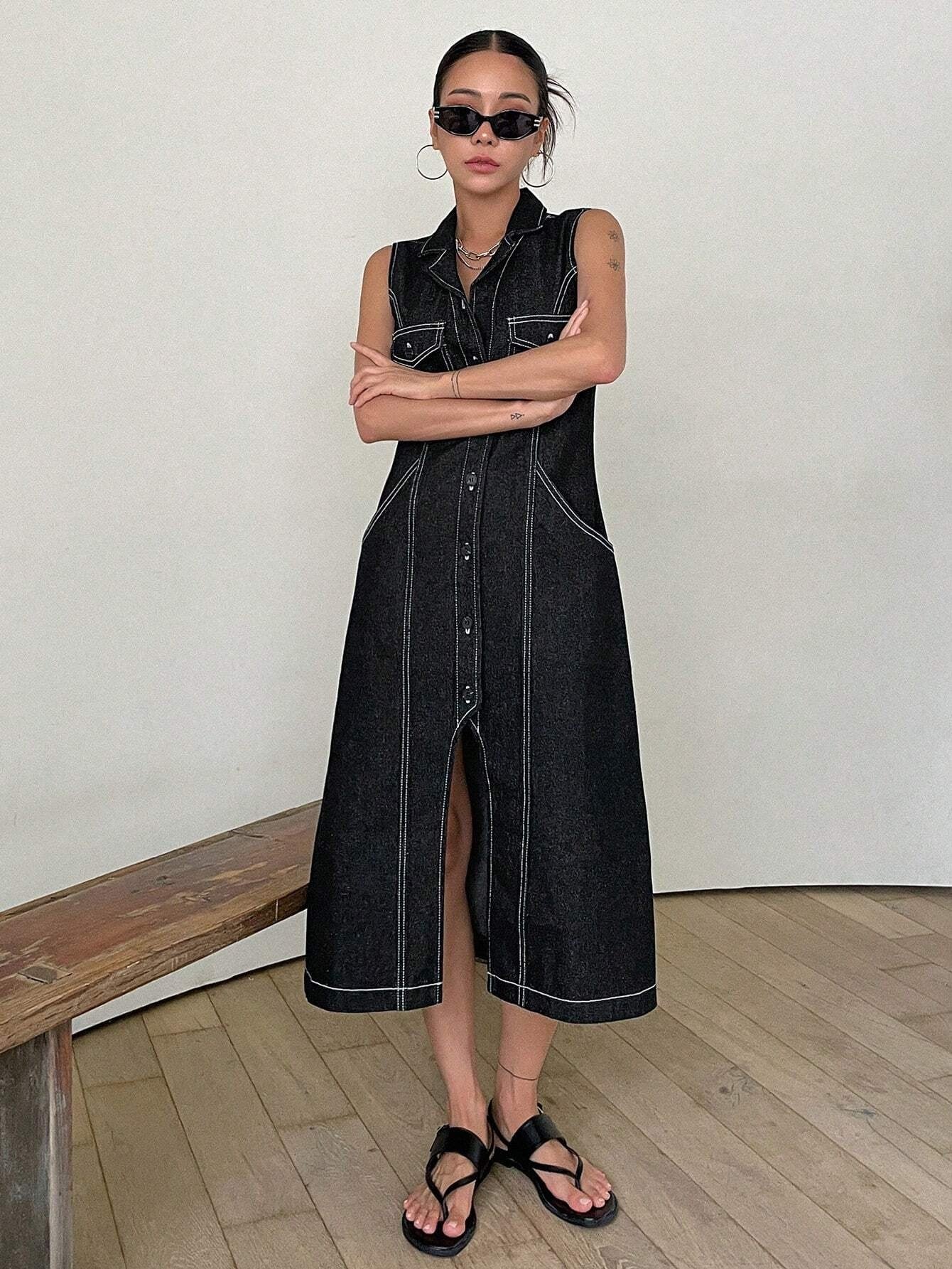 CM-DS252217 Women Preppy Seoul Style Top-Stitching Button Front Flap Pocket Denim Dress