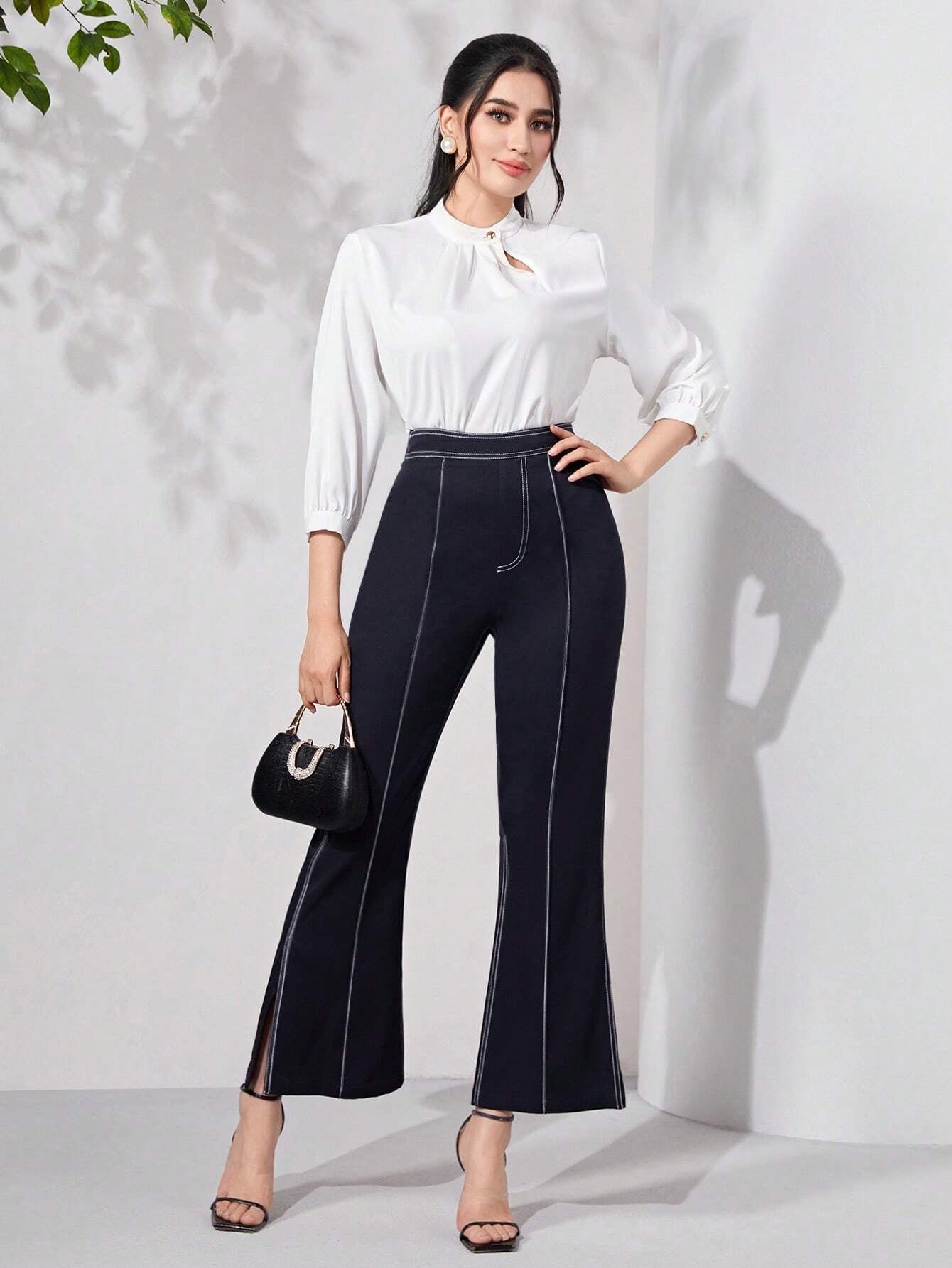 CM-BS990949 Women Elegant Seoul Style Contrast Stitch Flare Leg Pants - Navy Blue