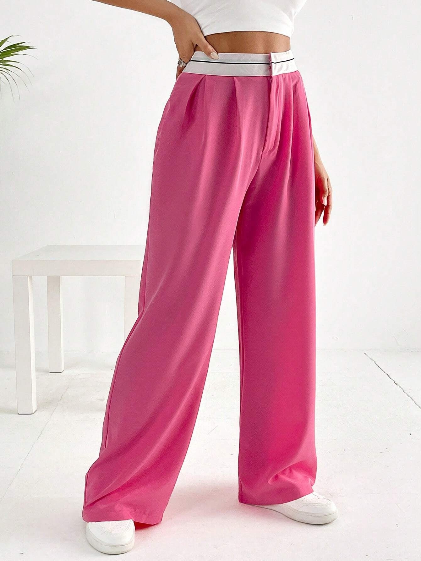 CM-BS503696 Women Casual Seoul Style Striped Waistband Wide Leg Pants - Hot Pink