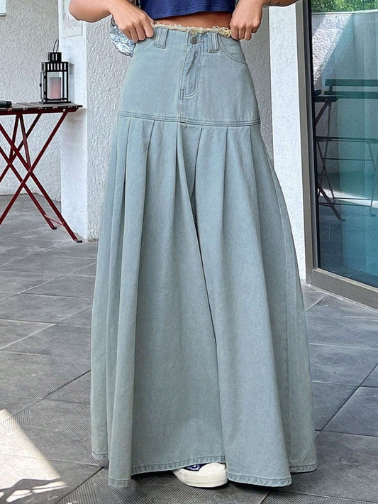 CM-BS899163 Women Casual Seoul Style Solid Pleated Detail Denim Skirt - Blue