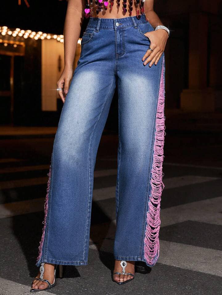 CM-BS070060 Women Casual Seoul Style Zipper Fly Colorblock Wide Leg Cargo Pants - Blue
