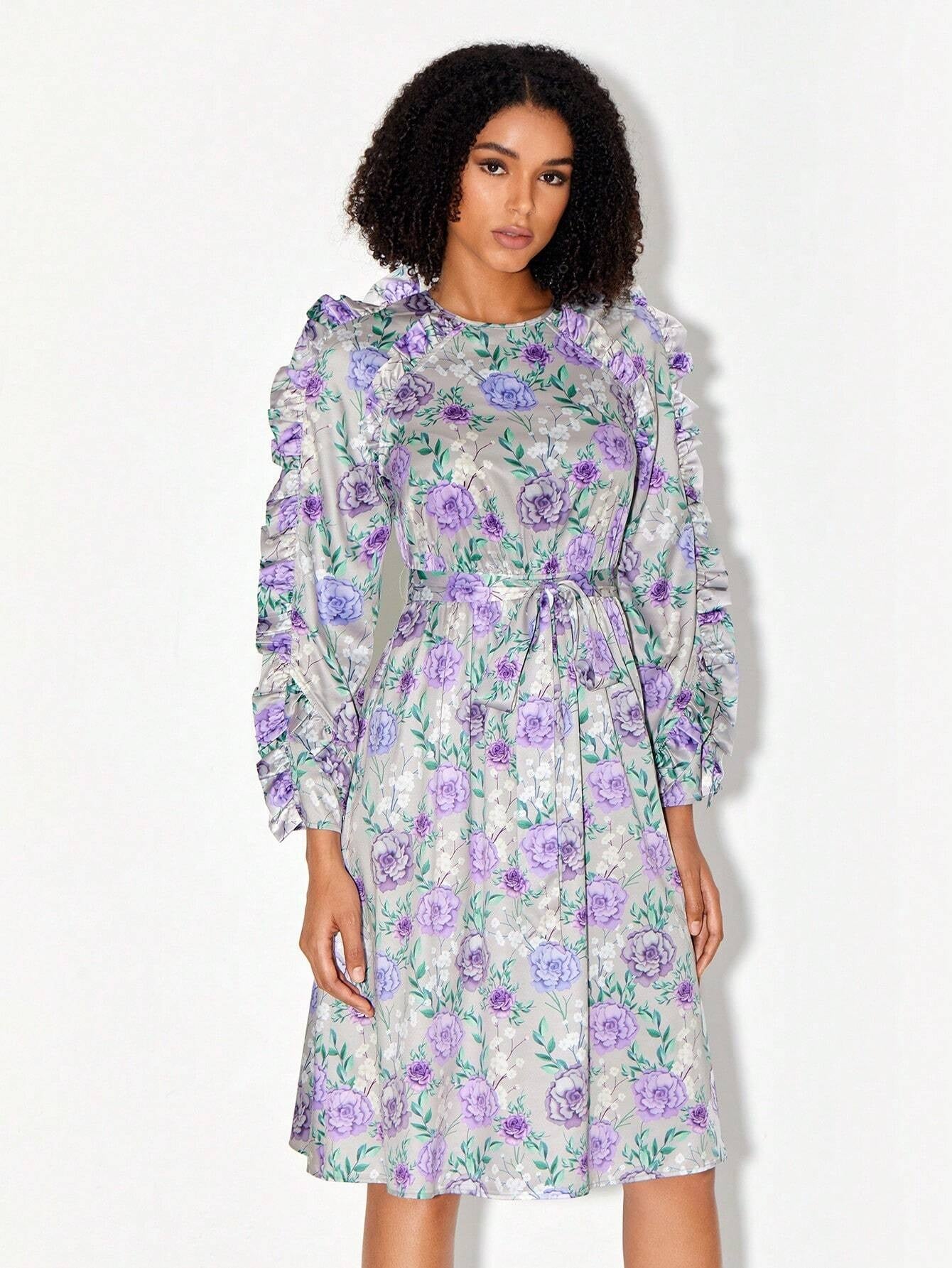 CM-DS466541 Women Elegant Seoul Style Round Neck Floral Print Ruffle Trim Belted Dress