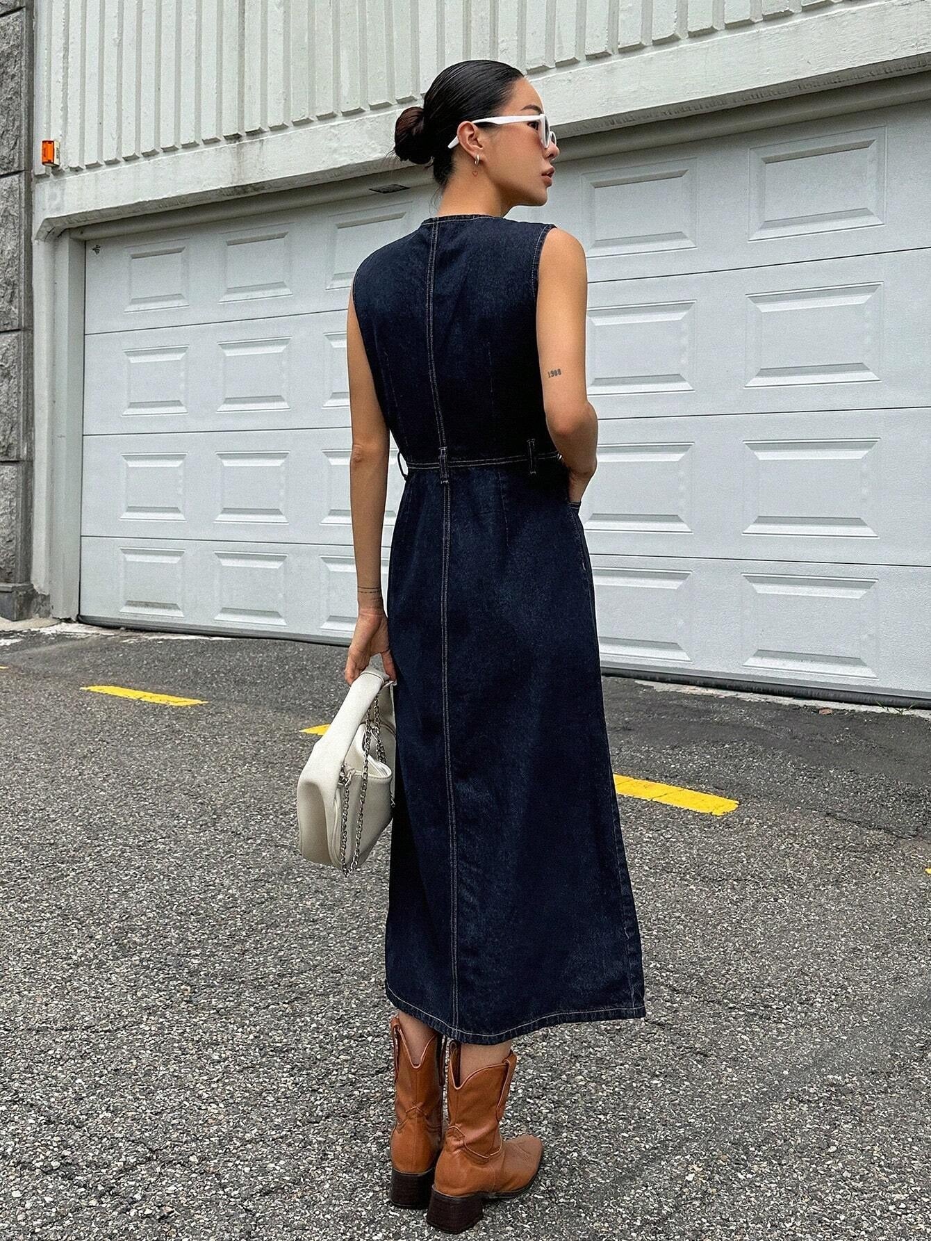 CM-DS407092 Women Casual Seoul Style Dark Wash Button Front Sleeveless Split Thigh Denim Dress