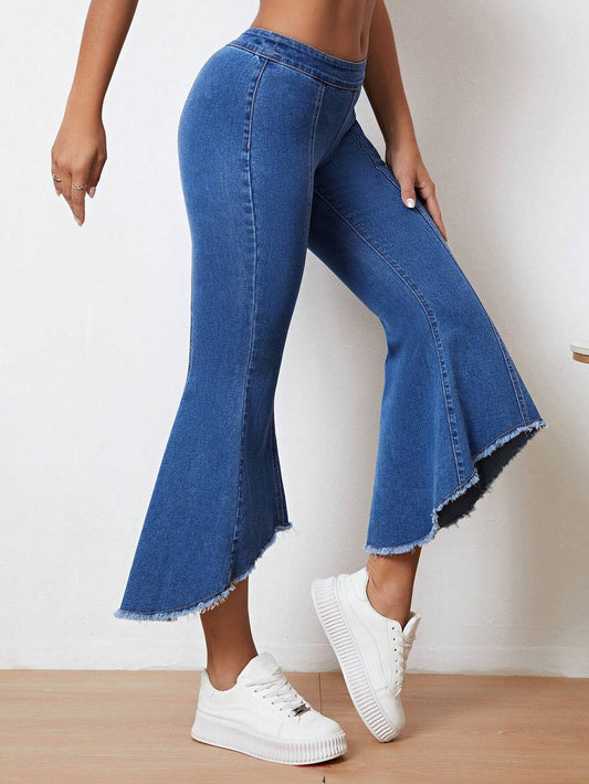 CM-BS779593 Women Preppy Seoul Style Asymmetrical Hem Flare Leg Jeans