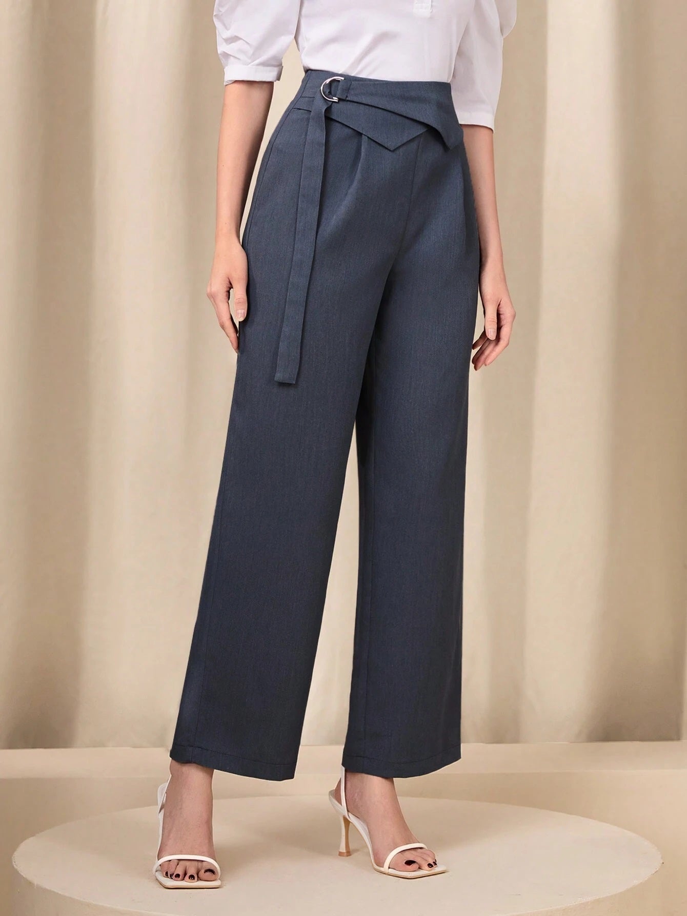 CM-BS884465 Women Casual Seoul Style Solid Flipped Waisted Straight Leg Pants - Dark Gray