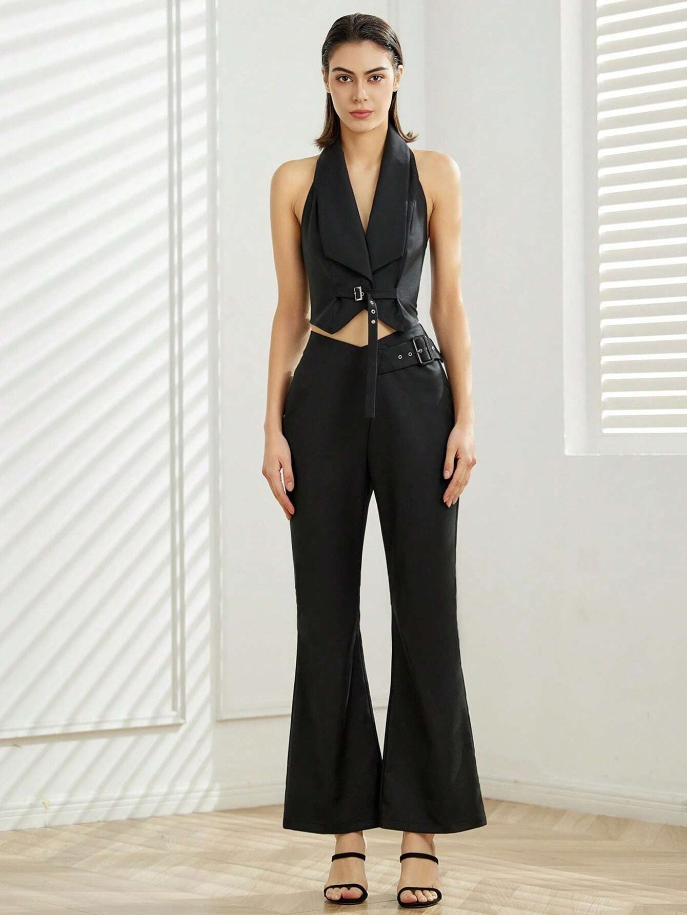 CM-BS453543 Women Elegant Seoul Style Asymmetrical Waistband Buckle Detail Flare Leg Pants