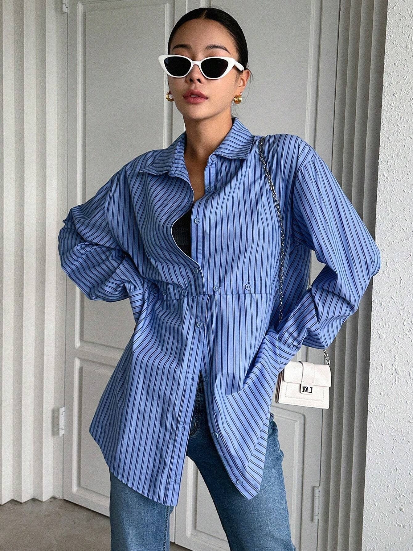 CM-TS536550 Women Casual Seoul Style Striped Print Button Front Shirt - Blue