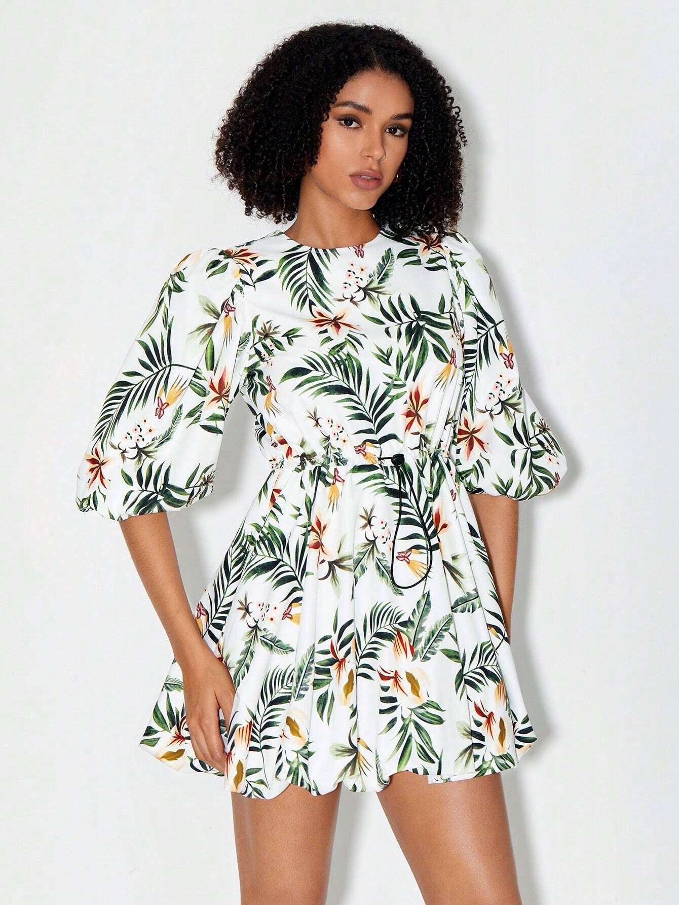 CM-DS220570 Women Trendy Bohemian Style Tropical Print Puff Sleeve Drawstring Waist Dress