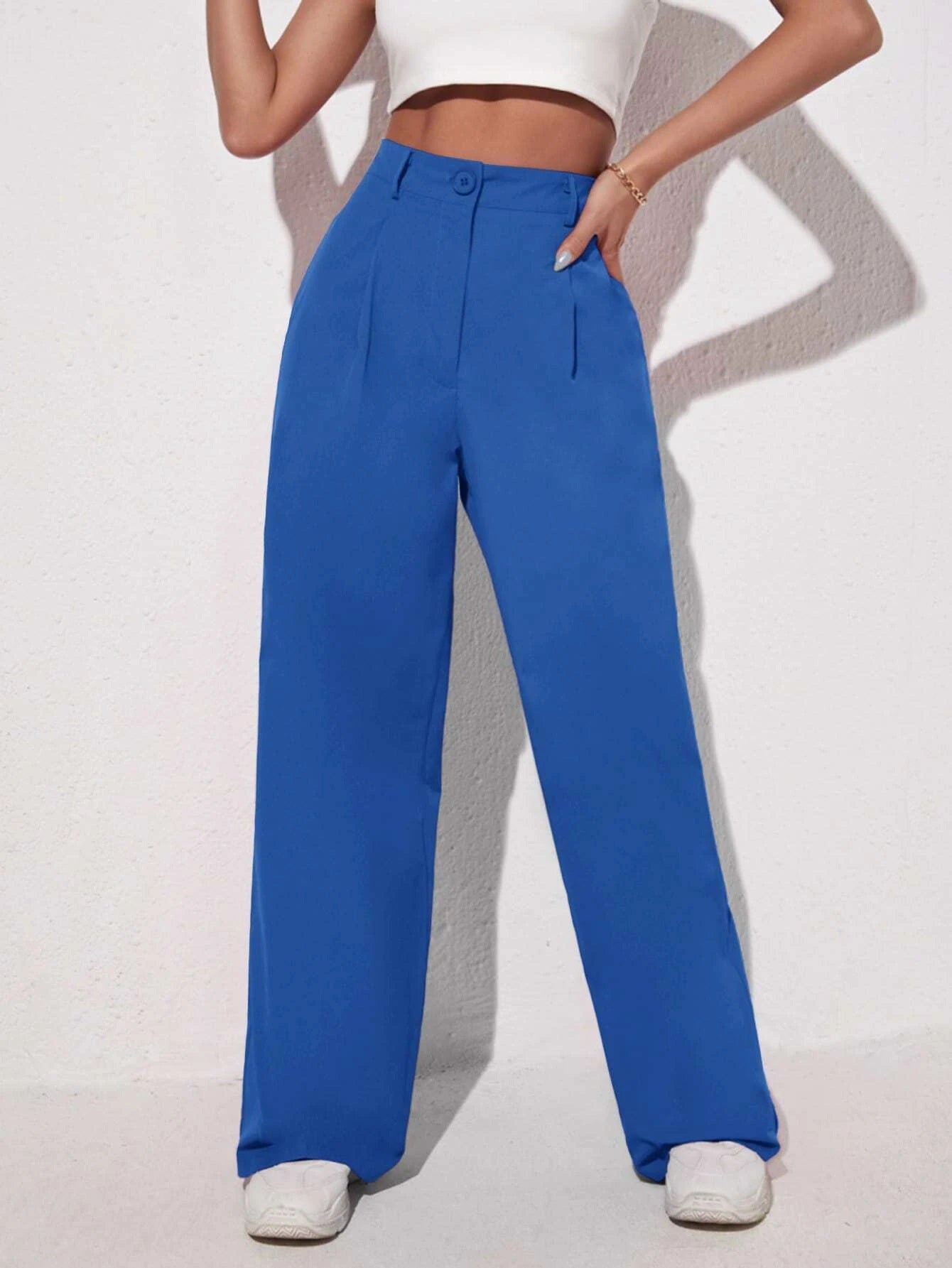 CM-BS130101 Women Elegant Seoul Style Solid Slant Pocket Wide Leg Pants - Blue