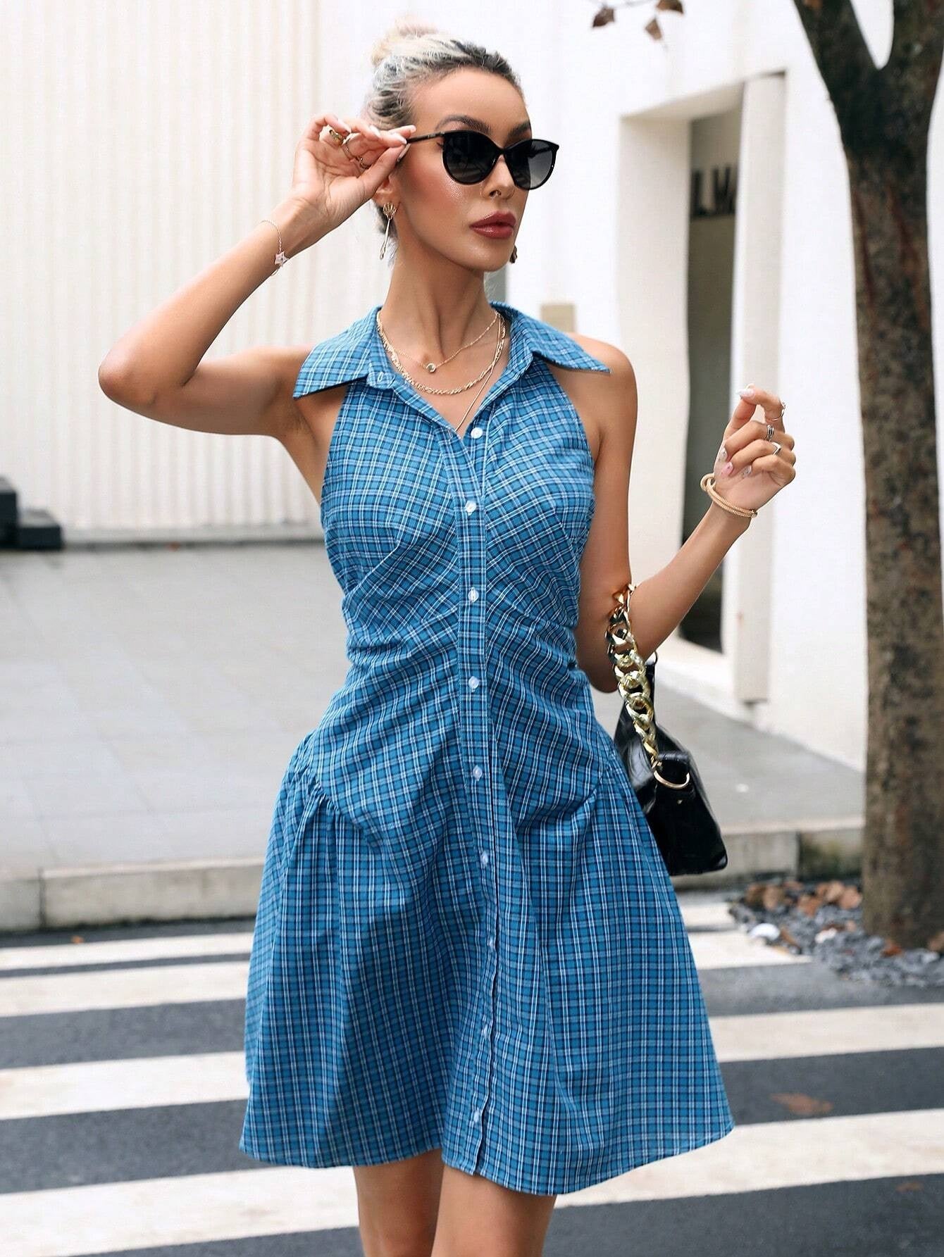 CM-DS867666 Women Casual Seoul Style Sleeveless Plaid Ruched Button Front Shirt Dress