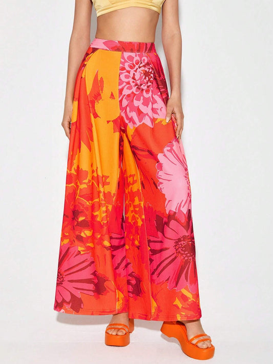 CM-BS508491 Women Trendy Bohemian Style Floral Print Wide Leg Pants