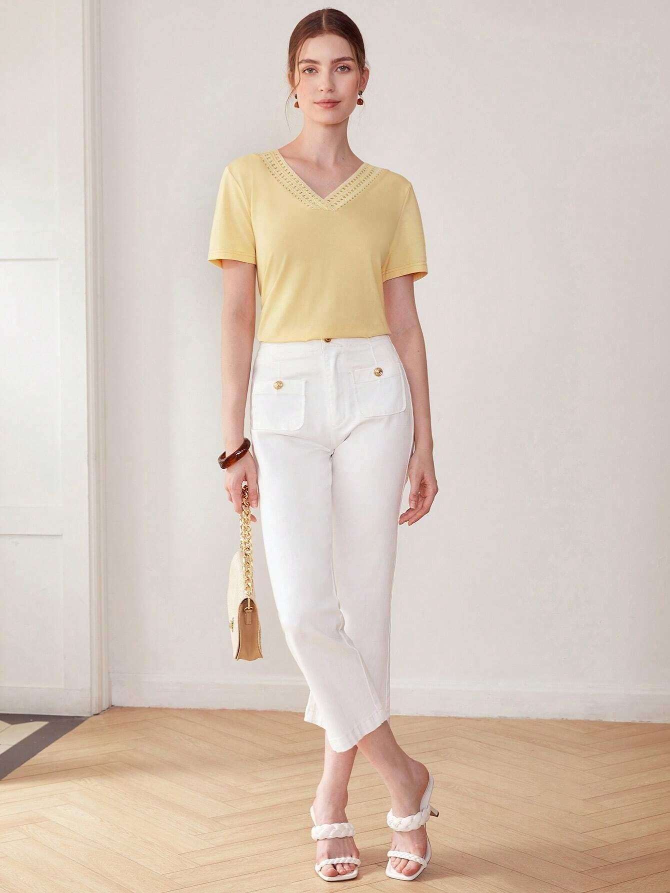 CM-TS685628 Women Casual Seoul Style Lace V-Neck Short Sleeve T-Shirt - Yellow