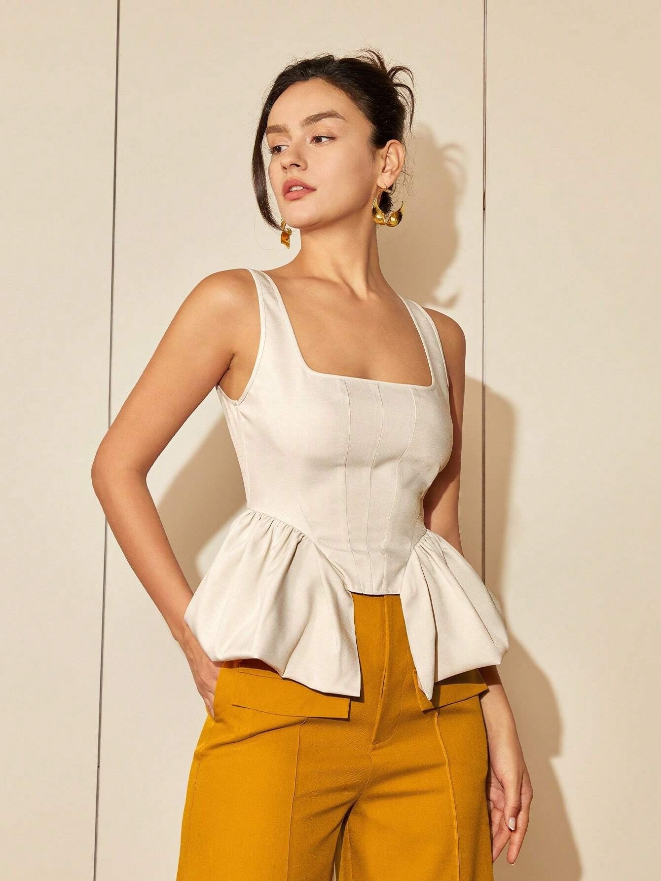 CM-TS657161 Women Casual Seoul Style Square Neck Asymmetrical Hem Top - Beige