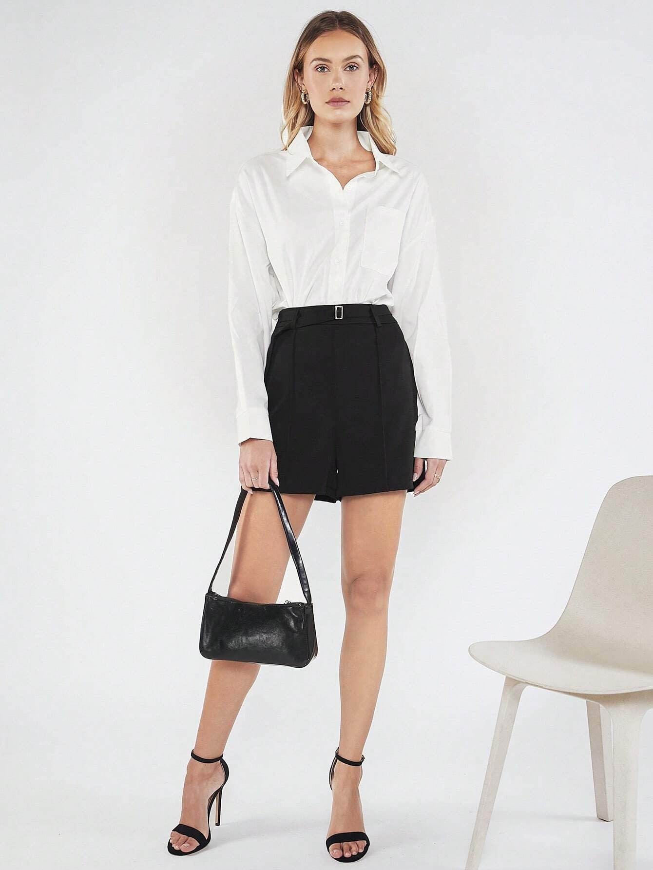CM-BS601416 Women Casual Seoul Style High Waist Solid Belted Wide Leg Shorts - Black