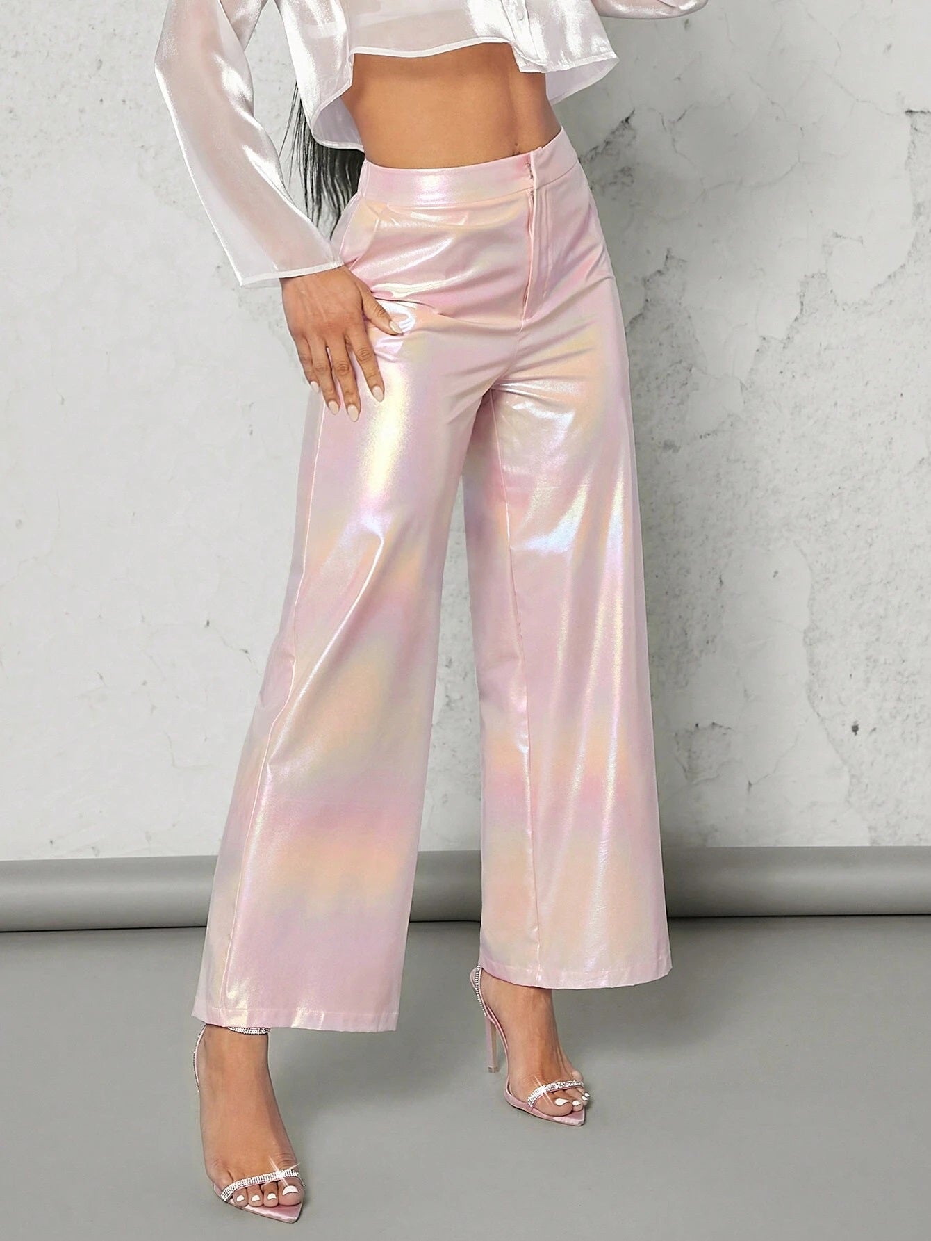 CM-BS515575 Women Elegant Seoul Style High Waist Holographic Straight Leg Pants