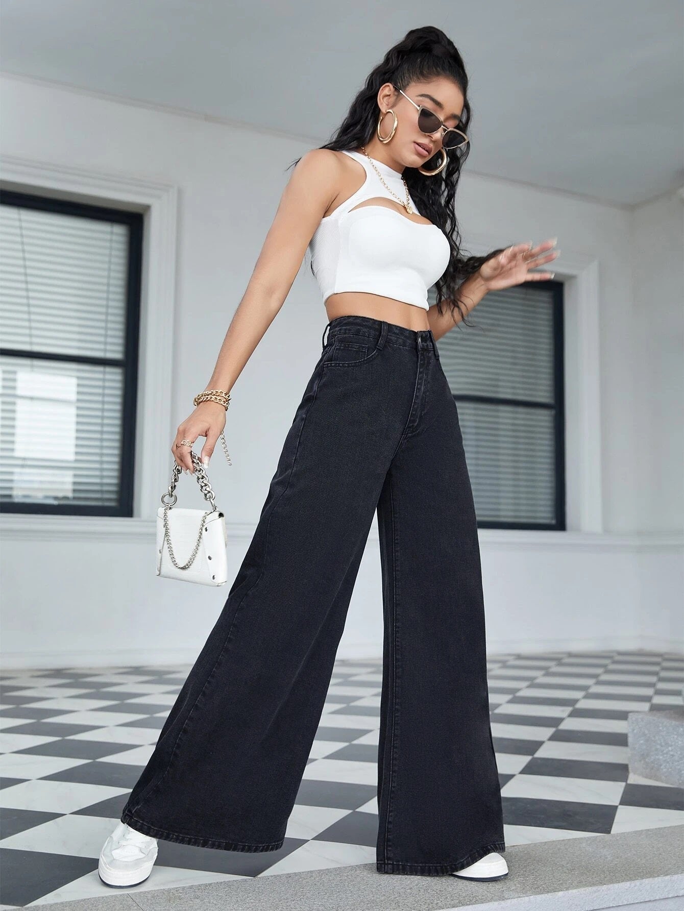CM-BS434641 Women Casual Seoul Style High Waist Wide Leg Jeans - Black