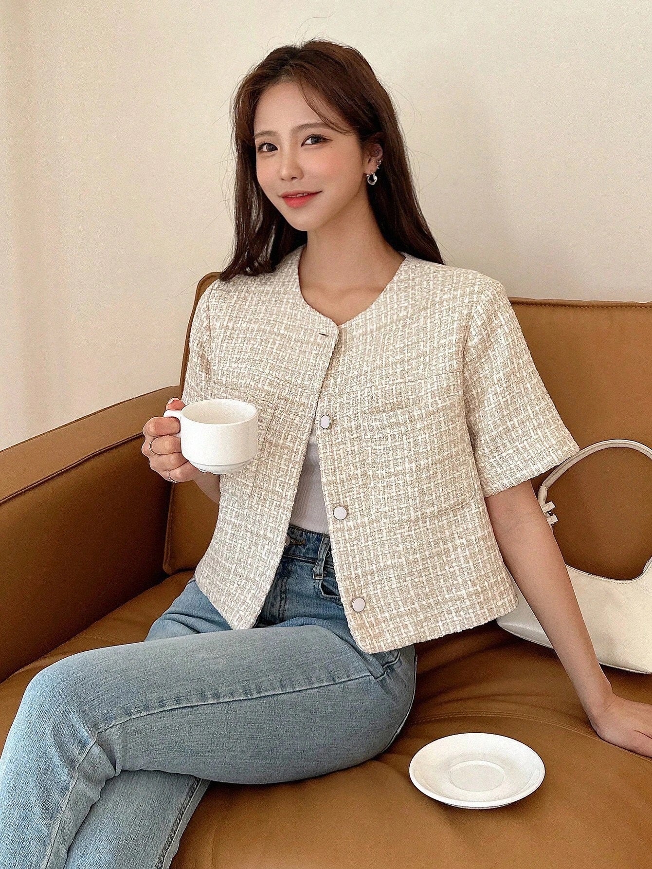 CM-CS839646 Women Elegant Seoul Style Plaid Dual Pocket Tweed Overcoat - Apricot