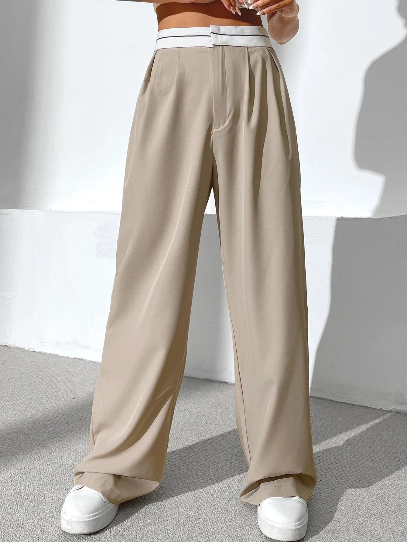 CM-BS933064 Women Casual Seoul Style Striped Waistband Wide Leg Pants - Apricot