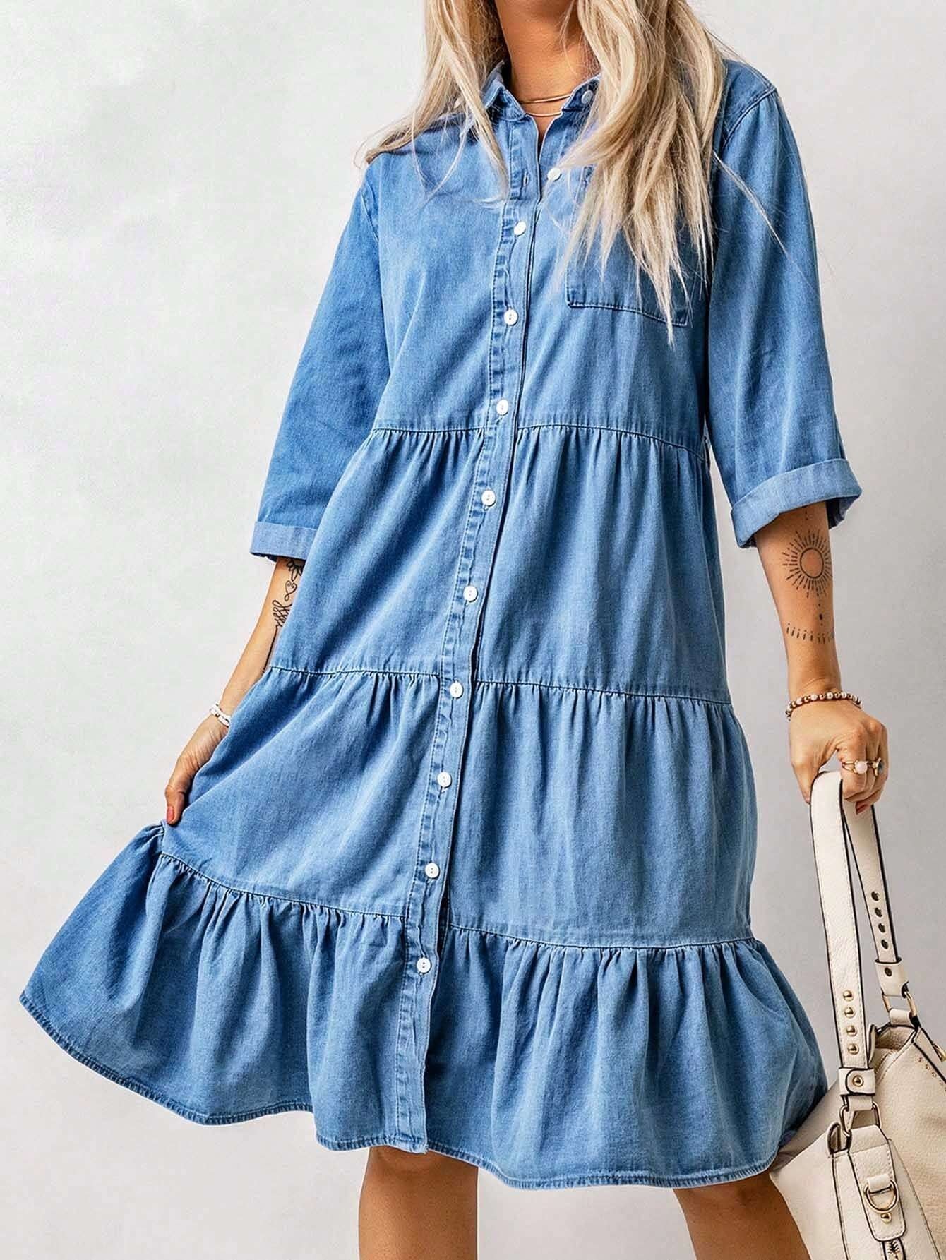 CM-DS276063 Women Preppy Seoul Style Ruffle Hem Button Front Denim Dress - Blue