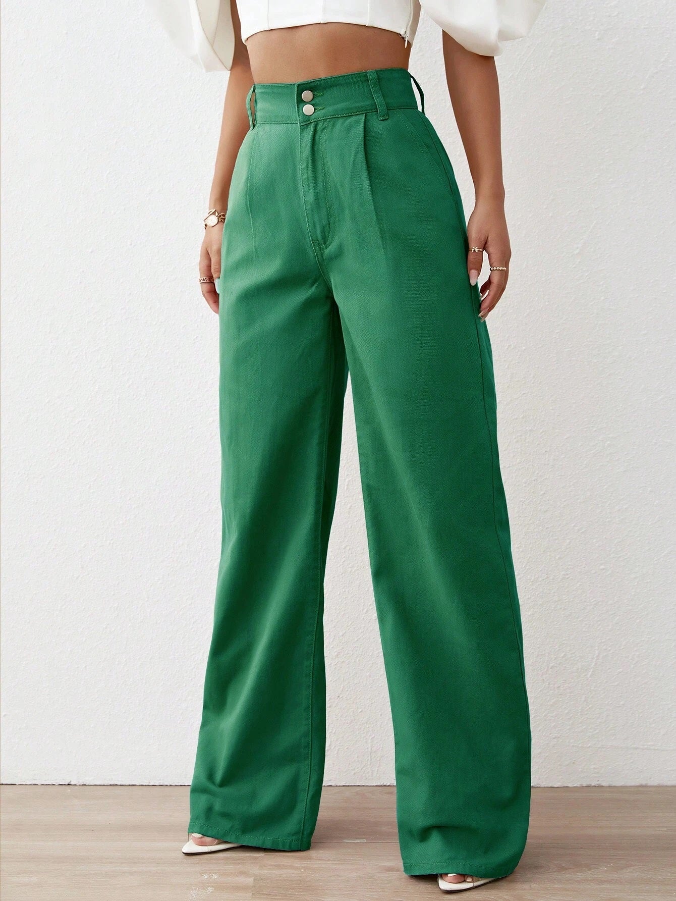 CM-BS777770 Women Preppy Seoul Style Solid High Waist Wide Leg Jeans - Dark Green