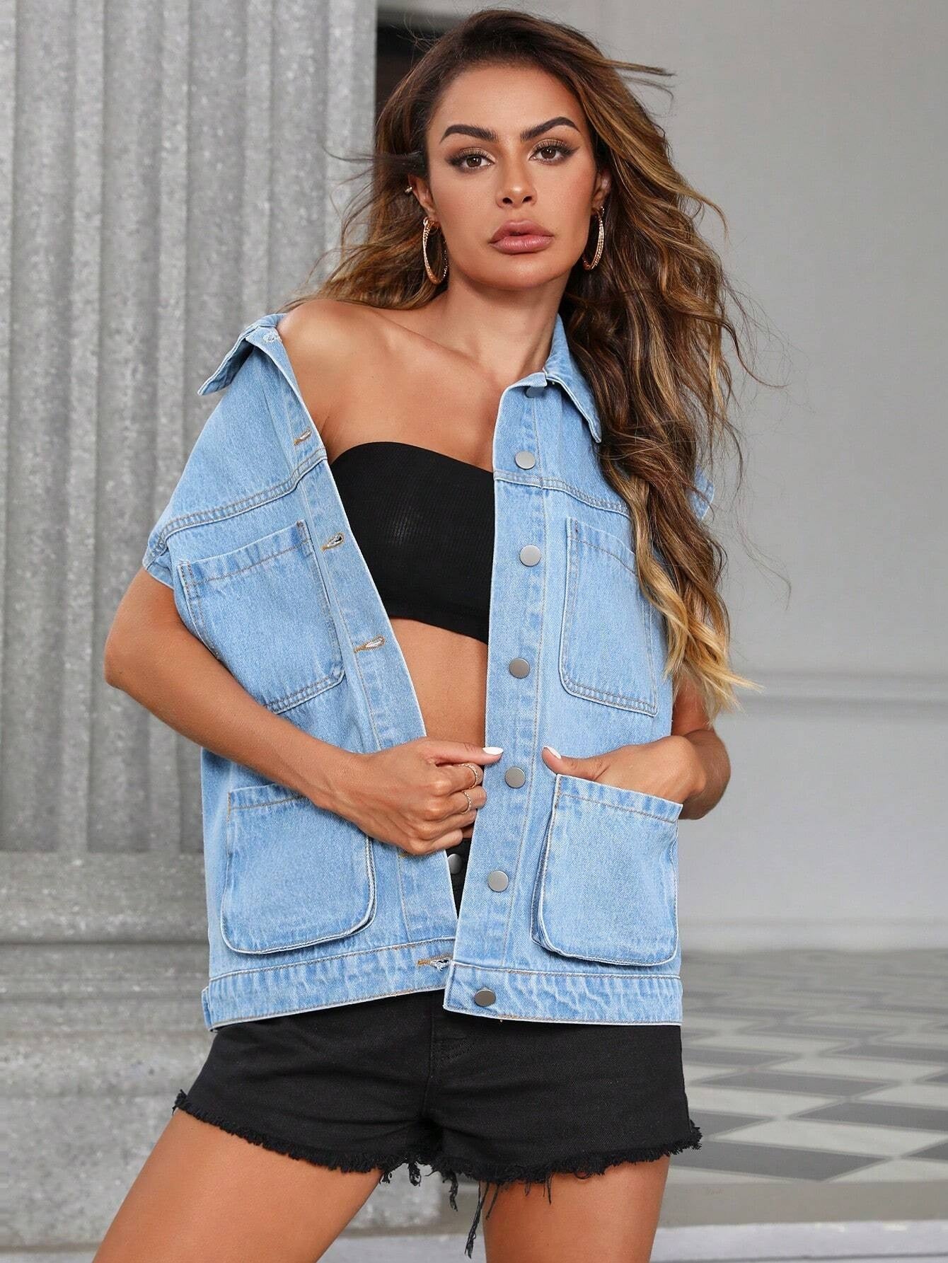 CM-CS920948 Women Preppy Seoul Style Light Wash Patched Pocket Vest Denim Jacket
